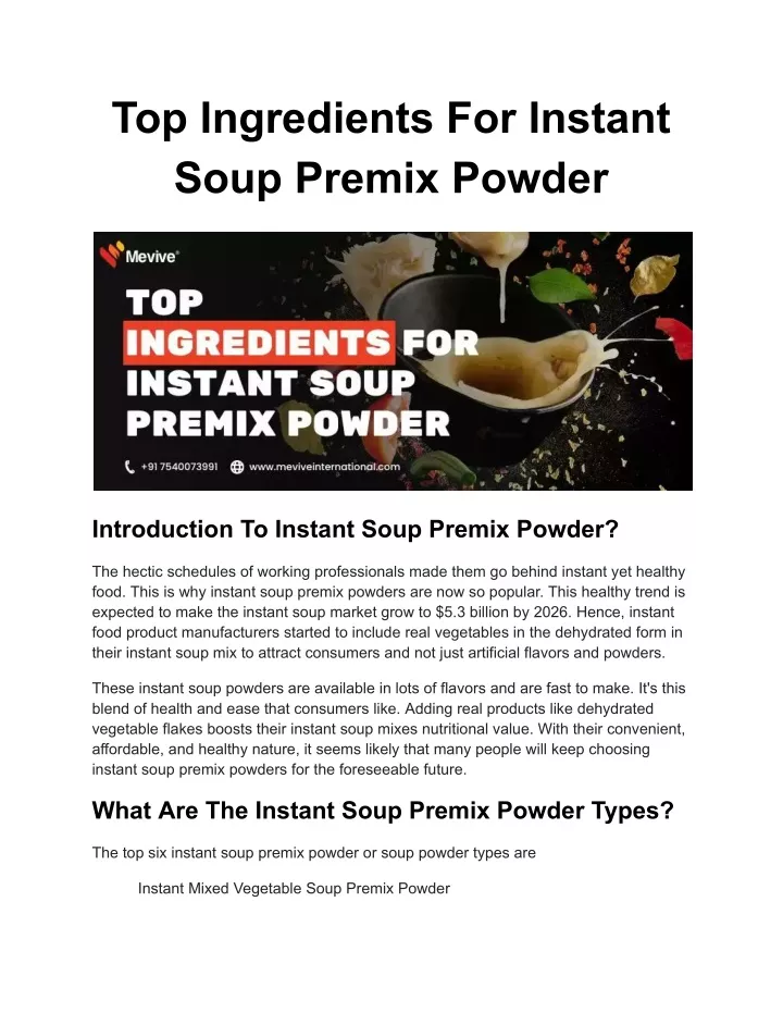 top ingredients for instant soup premix powder