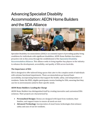 Advancing Specialist Disability Accommodation AEON Home Builders and the SDA Alliance