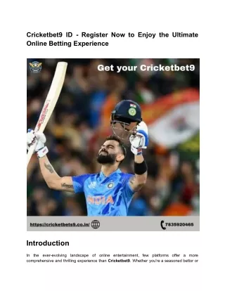 Cricketbet9 ID - Register Now to Enjoy the Ultimate Online Betting Experience