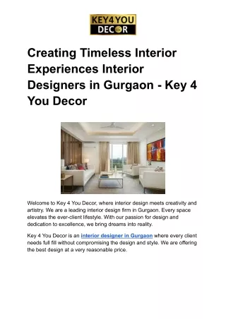 Creating Timeless Interior Experiences Interior Designers in Gurgaon - Key 4 You Decor