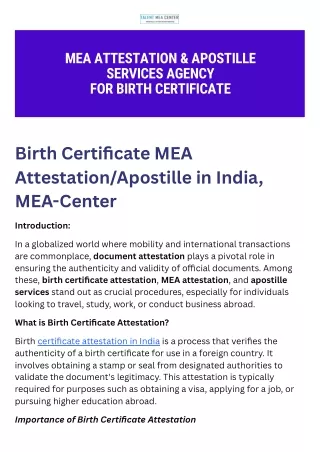 Birth Certificate MEA Attestation, Apostille in India, MEA-Center