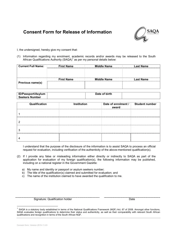 consent form for release of information