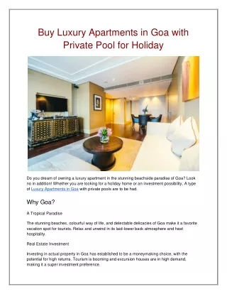Buy Luxury Apartments in Goa with Private Pool for Holiday