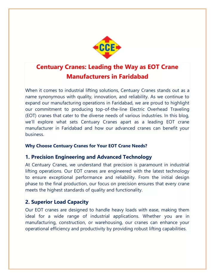 centuary cranes leading the way as eot crane