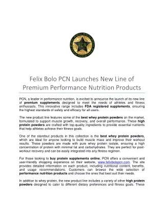 Felix Bolo PCN Launches New Line of Premium Performance Nutrition Products