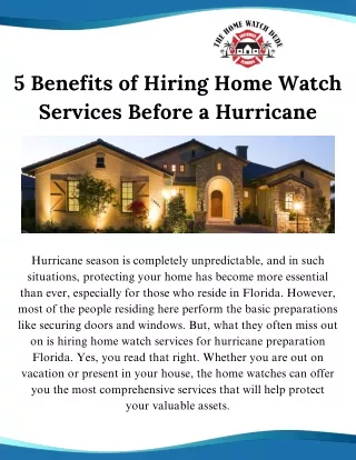 5 Benefits of Hiring Home Watch Services Before a Hurricane
