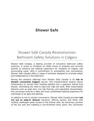 Shower Safe Canada Revolutionizes Bathroom Safety Solutions in Calgary