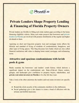 Private Lenders Shape Property Lending & Financing of Florida Property Owners