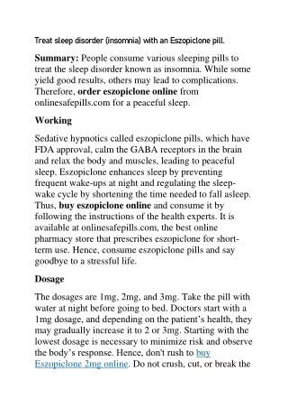 Treat sleep disorder (insomnia) with an eszopiclone pill- Mar 2024
