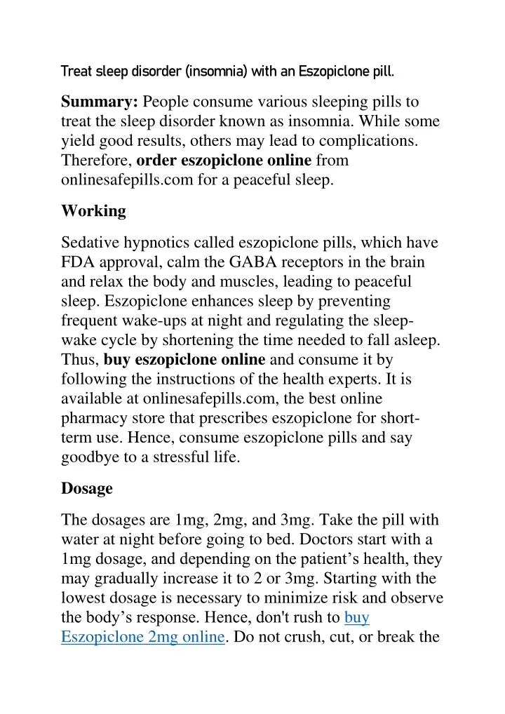 treat sleep disorder insomnia with an eszopiclone