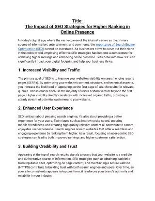 Impact of SEO Strategies for Higher Ranking in online presence