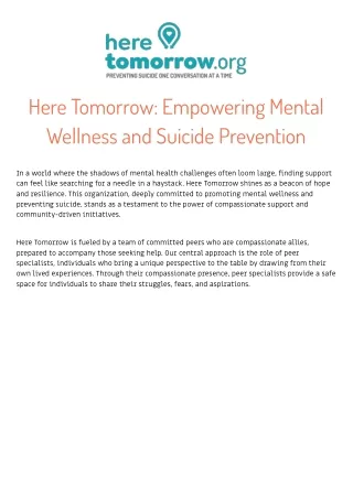 Here Tomorrow Empowering Mental Wellness and Suicide Prevention