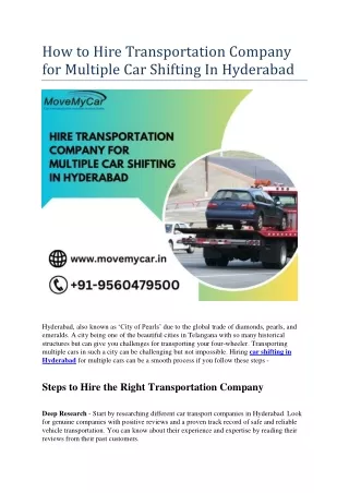 How to Hire Transportation Company for Multiple Car Shifting In Hyderabad
