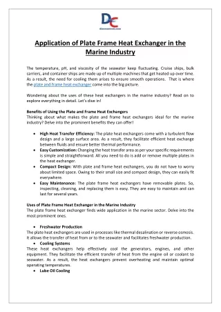 Application of Plate Frame Heat Exchanger in the Marine Industry