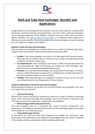 Shell and Tube Heat Exchanger- Benefits and Applications