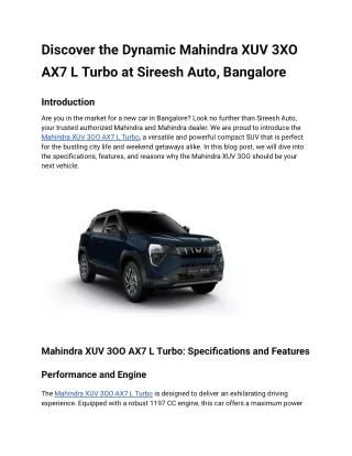 Discover the Dynamic Mahindra XUV 3XO AX7 L Turbo at Sireesh Auto, Bangalore