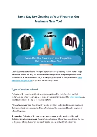 Same-Day Dry Cleaning at Your Fingertips Get Freshness Near You!