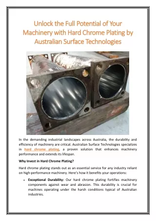 Unlock the Full Potential of Your Machinery with Hard Chrome Plating by Australian Surface Technologies