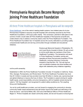 Pennsylvania Hospitals Become Nonprofit Joining Prime Healthcare Foundation