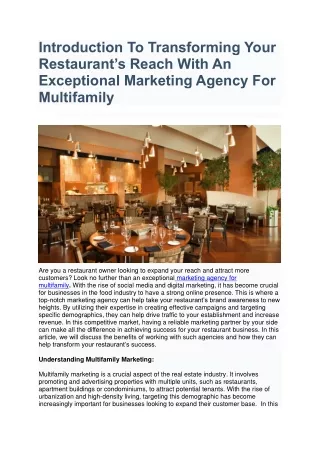 Introduction To Transforming Your Restaurant’s Reach With An Exceptional Marketing Agency For Multifamily