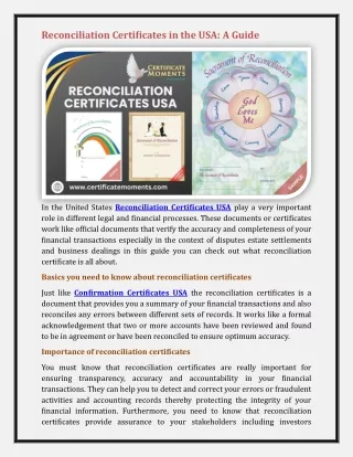 Reconciliation Certificates USA
