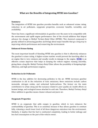 What are the Benefits of Integrating MTBE into Gasoline