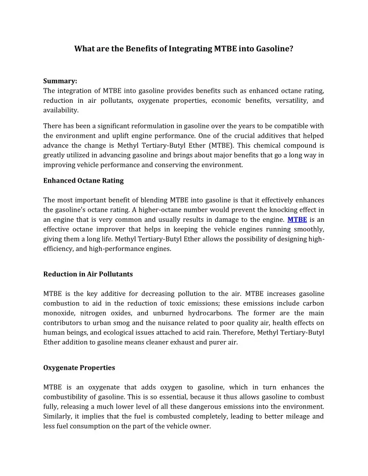 PPT - What are the Benefits of Integrating MTBE into Gasoline ...