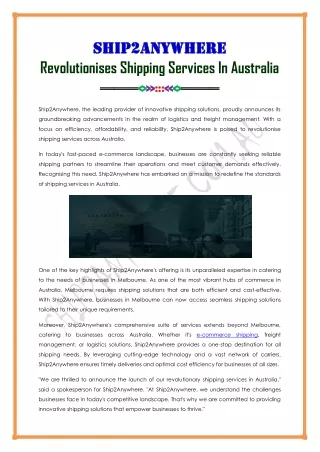 Revolutionises Shipping Services In Australia