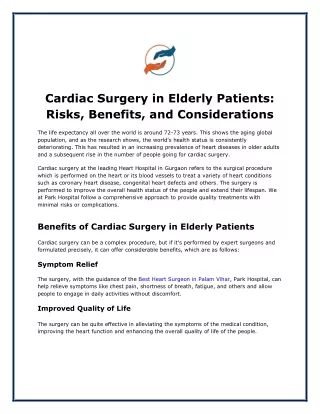 Cardiac Surgery in Elderly Patients: Risks, Benefits, and Considerations