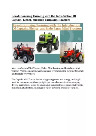 Revolutionising Farming with the Introduction Of Captain, Eicher, and Indo Farm Mini Tractors