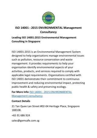 ISO 14001 : 2015 ENVIRONMENTAL Management Consultancy