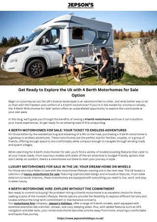Get Ready to Explore the Uk with 4 Berth Motorhomes for Sale Option