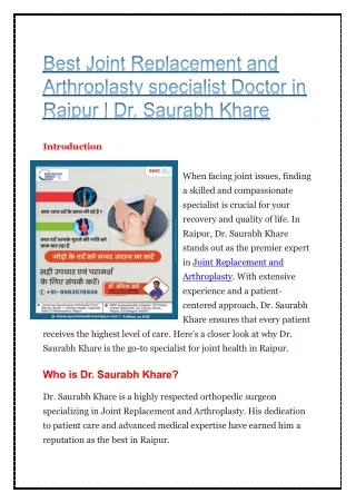 Best Joint Replacement and Arthroplasty specialist Doctor in Raipur