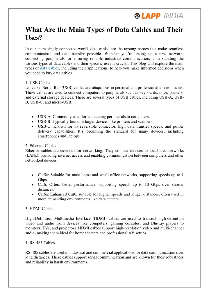 what are the main types of data cables and their