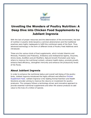 Unveiling the Wonders of Poultry Nutrition: A Deep Dive into Chicken Food Supplements by Jubilant Ingrevia