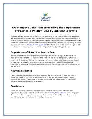 Understanding the Importance of Premix in Poultry Feed by Jubilant Ingrevia