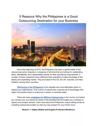 Reasons Why the Philippines is a Good Outsourcing Destination for your Business