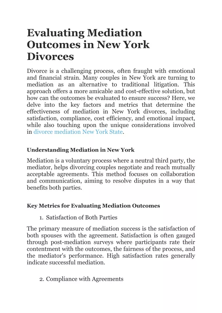 evaluating mediation outcomes in new york divorces