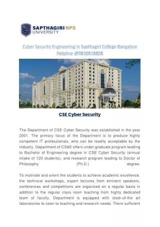 Cyber Security Engineering in Sapthagiri College Bangalore Helpline @9830818808