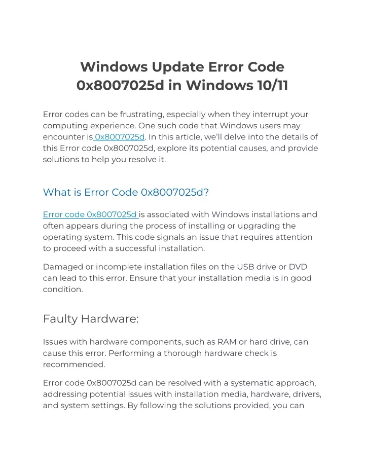 windows update error code 0x8007025d in windows