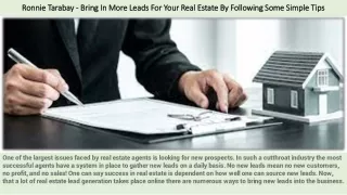 Ronnie Tarabay - Bring In More Leads For Your Real Estate By Following Some Simple Tips