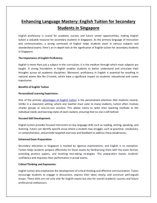 Enhancing Language Mastery: English Tuition for Secondary Students in Singapore