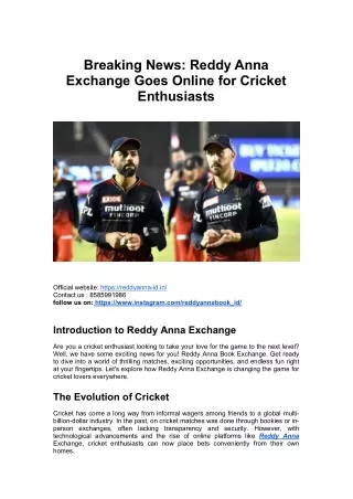 Breaking News Reddy Anna Exchange Goes Online for Cricket Enthusiasts