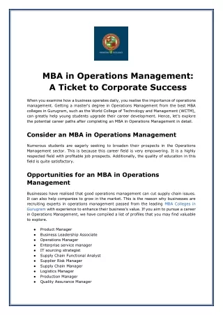 MBA in Operations Management: A Ticket to Corporate Success