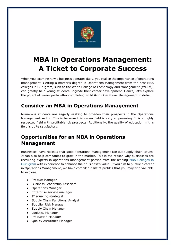 mba in operations management a ticket