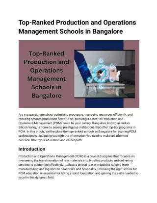 Top-Ranked Production and Operations Management Schools in Bangalore
