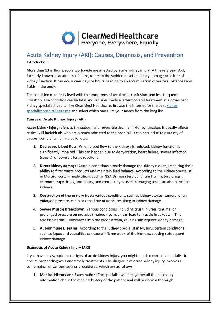 acute kidney injury aki causes diagnosis