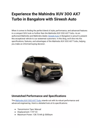 Experience the Mahindra XUV 3OO AX7 Turbo in Bangalore with Sireesh Auto