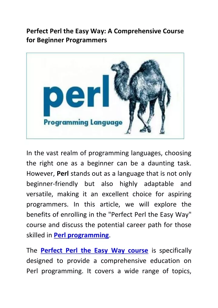 perfect perl the easy way a comprehensive course