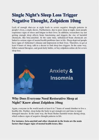 Single Night’s Sleep Loss Trigger Negative Thought, Zolpidem 10mg - trustphama